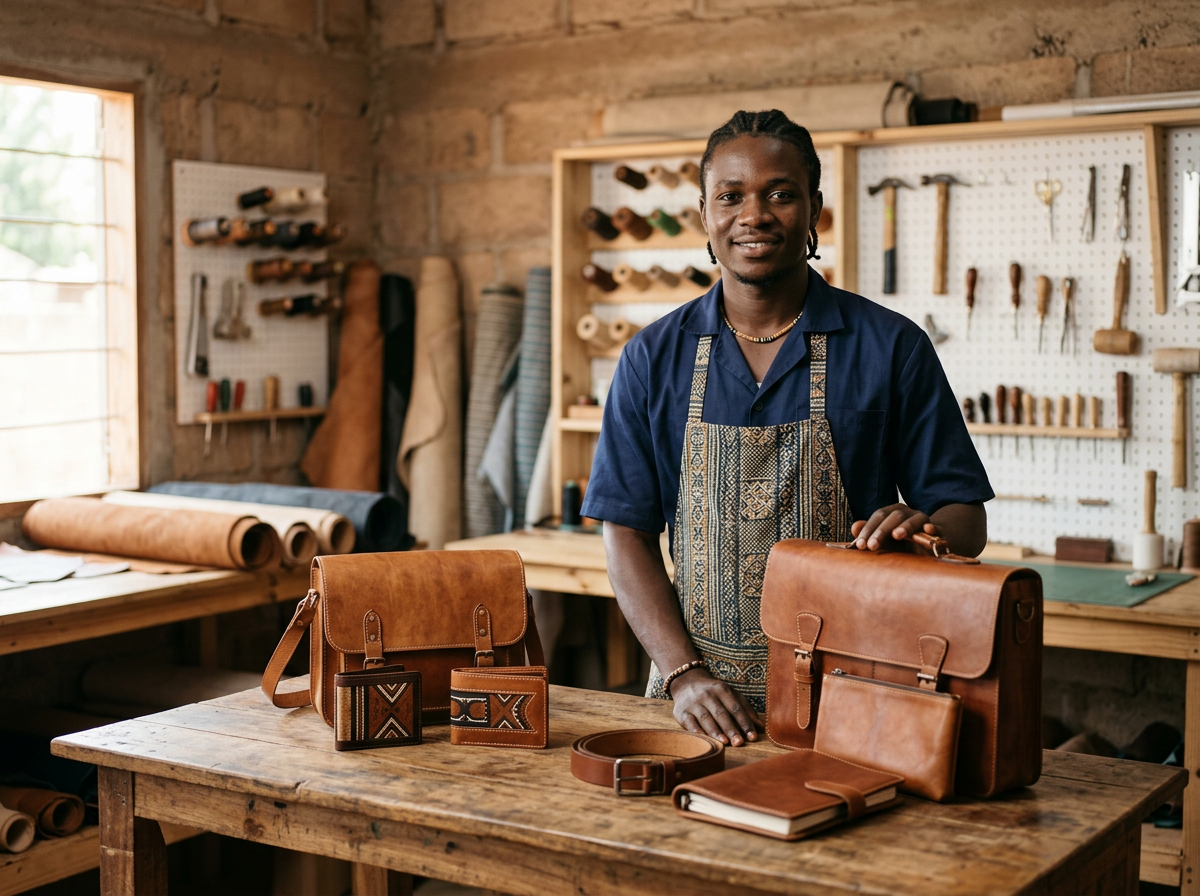 Artisan africain présentant ses produits dans son atelier