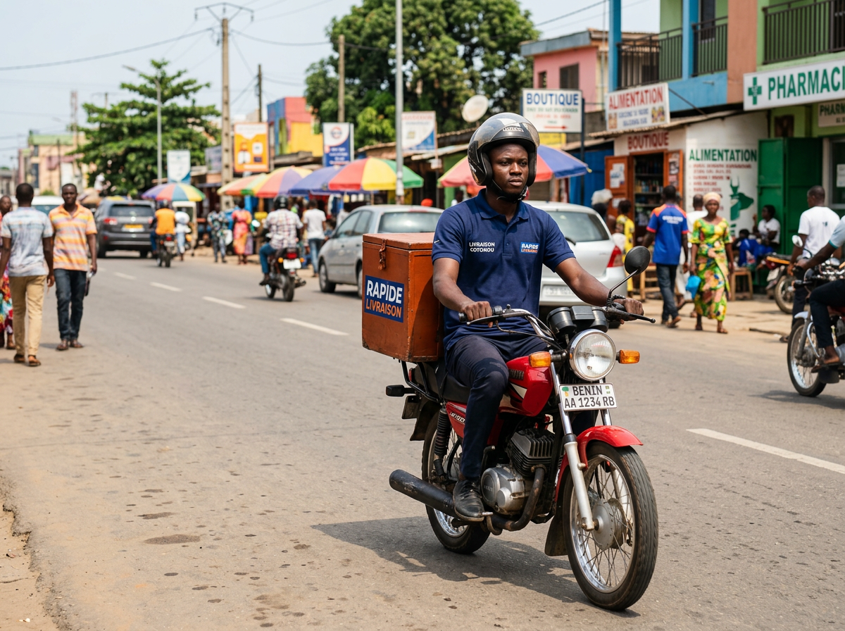 Livreur africain en scooter avec un colis à Cotonou